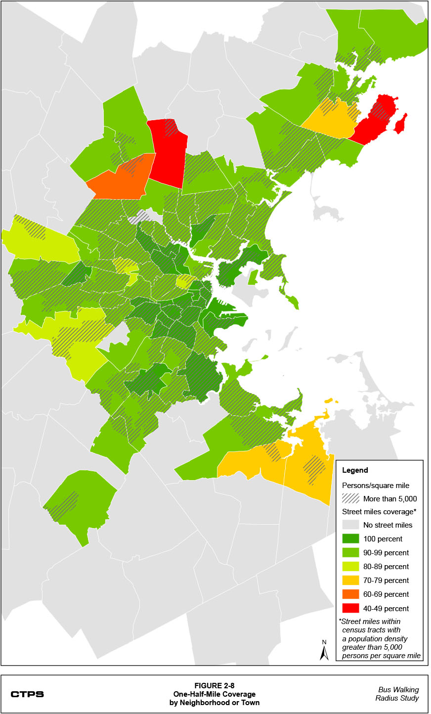 Figure 2-8: One-Half-Mile Coverage by Neighborhood or Town. This is a map that shows the location of census tracts with a population density greater than 5,000 persons per square mile. It also shows, for each town that has at least one of these census tracts, that town’s street mile coverage.